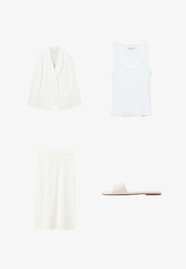 Blazer croisé en lin blanc avec des revers en pointe, deux poches avant et des poignets boutonnés. Texture lisse avec des détails de couture subtils.; Débardeur blanc uni sans manches avec encolure arrondie, fabriqué en tissu doux, étiquette à l'intérieur du col indiquant la marque et la taille.; Jupe crayon blanche en tricot avec un motif floral subtil et une ceinture cintrée.; Sandale plate blanche à enfiler avec une large bride unique et une fine semelle marron, montrée de profil sur fond blanc.