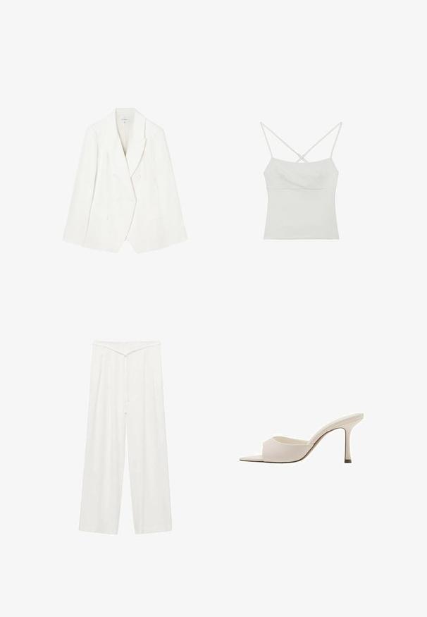 Blazer croisé en lin blanc avec des revers en pointe, deux poches avant et des poignets boutonnés. Texture lisse avec des détails de couture subtils.; Haut court sans manches blanc avec fines bretelles croisées et taille ajustée sur fond blanc.; Pantalon blanc à jambes larges avec une taille haute, dotés d'une ceinture à nouer, d'une texture douce et de plis avant pour plus de structure. Design minimal.; Mule beige à talon haut et ouvert à l'avant avec un talon fin et une large bride sur le devant, présenté de côté sur un fond blanc.