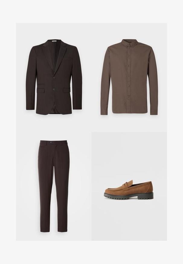 Blazer marrón oscuro de hombre con dos botones, solapas con muescas y tres bolsillos delanteros, mostrado sobre un fondo claro y sencillo.; Camisa de manga larga de color marrón oscuro con cuello clásico, ocho botones frontales y una textura de tela suave y ligera.; Pantalones marrón oscuro a medida con tela suave, tiro plano, bolsillos laterales y cierre de botón. Diseño de pierna recta, sin patrones visibles.; Mocasines de ante marrón con punta redondeada y una suela de goma negra baja, que presentan una correa decorativa y detalles de costura en la parte superior.