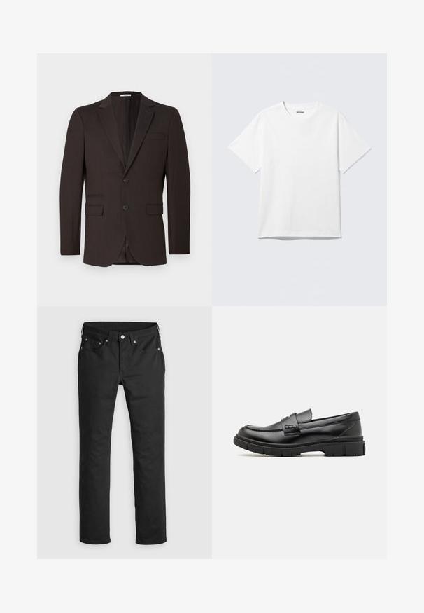 Mørkebrun herreblazer med to knapper, kløftede revers og tre forlommer, vist mod en ensartet lys baggrund.; Hvid kortærmet crewneck T-shirt lagt fladt ud, ensfarvet design, med "WEEKDAY" mærkat inde i kraven på en lys baggrund.; Sorte denimbukser med lige ben, der har lynlås i gylpen, fem lommer og metalknapdetaljer. Glat tekstur.; Sort læder loafersko med en bred rem over forfoden, gummisål med tykke mønstre og glat overflade. Klassisk, slankt design.