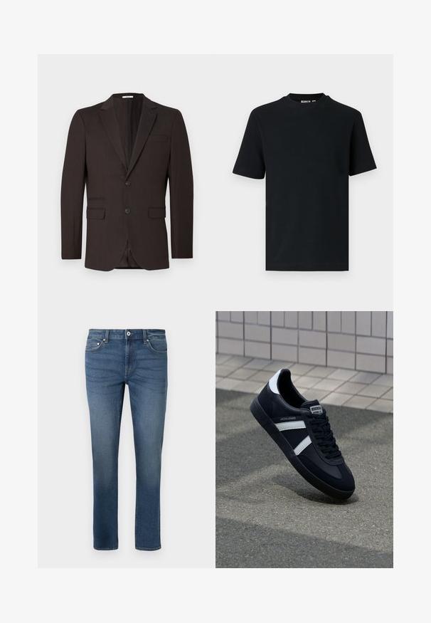 Donkerbruine herenblazer met twee knopen, inkepingrevers en drie voorzakken, getoond tegen een effen lichte achtergrond.; Zwart, geribd, gebreid T-shirt met korte mouwen en ronde hals, met een klein zichtbaar label aan de binnenkant van de kraag.; Blauwe denim jeans met een rechtlopende pasvorm, voorzien van vijf zakken en een subtiele vervaging. Inclusief een sluiting met een knoop en rits aan de voorkant.; Zwarte leren sneaker met witte strepen, een gestructureerde rubberen zool en vetersluiting aan de voorkant. Voorzien van een merklabel op de tong.