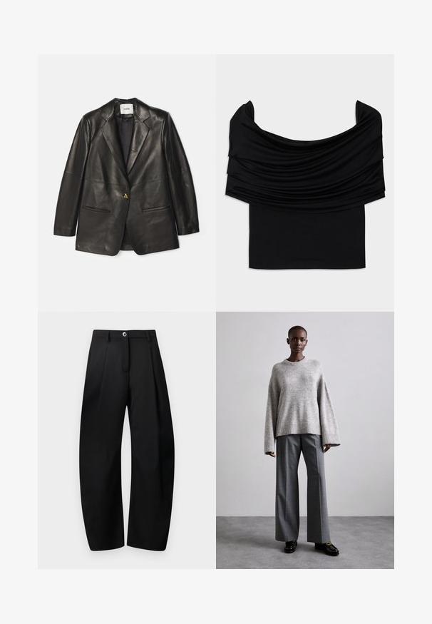 AERON Læderjakker - black; Sort off-shoulder top med draperet stof, blød tekstur og en tætsiddende pasform. Har en glat, minimal kant ved taljen.; Sorte vidde bukser med frontplisseringer, knap- og lynlåslukning samt bæltestropper på en ensartet lys baggrund.; Grå strikket sweater med brede ærmer og ribbet kant, parret med høj-taljede grå bukser med et subtilt ternet mønster og sorte loafers.