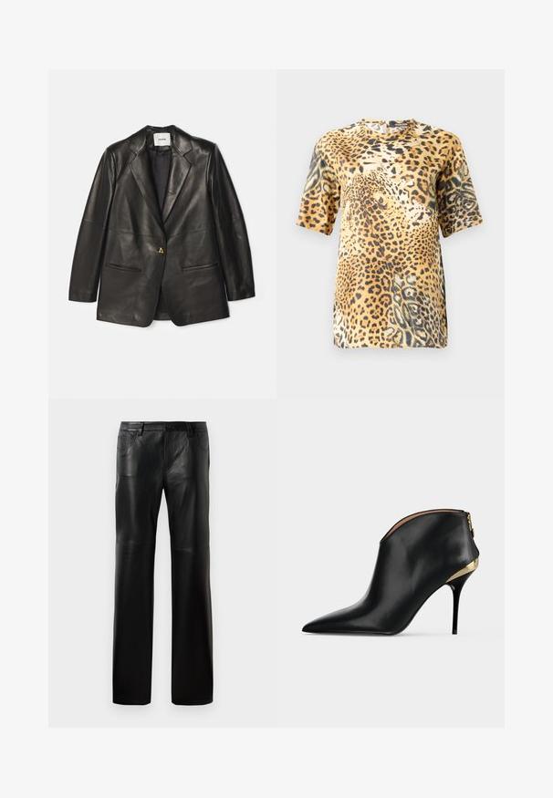 AERON Veste en cuir - black; La blouse à manches courtes en imprimé léopard présente un col rond, un tissu doux et une coupe décontractée, mettant en valeur diverses nuances de marron et de motifs noirs.; Pantalons en cuir noir avec une coupe droite, dotés d'une taille à boutons, de cinq poches et de coutures visibles le long des coutures.; Bottine à talon stiletto en cuir noir à bout pointu, avec détail en métal doré et fermeture éclair à l’arrière sur fond gris clair.