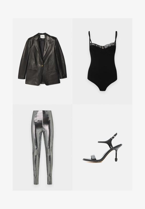AERON Læderjakker - black; Sort bodysuit med justerbare stropper, med en blondedetalje langs udskæringen, sømløs struktur og tætsiddende pasform.; Sølvfarvede palietleggings med en blank, struktureret overflade, tætsiddende design og tilspidsede ankler, velegnet til aftentøj.; Sort læder sandal med høje hæle, tynde stropper, åben tå og justerbar ankelspænde, vist mod en ensartet hvid baggrund.