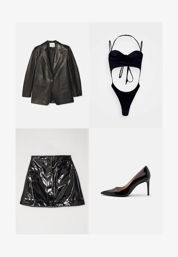 AERON Leren jas - black; GmbH WITH CUPS - Top - black; Fête Impériale LYVIA - Minirok - black; Zwarte lakleren pump met hoge hak, spits toelopende neus en naaldhak, zij-aanzicht op een effen witte achtergrond.