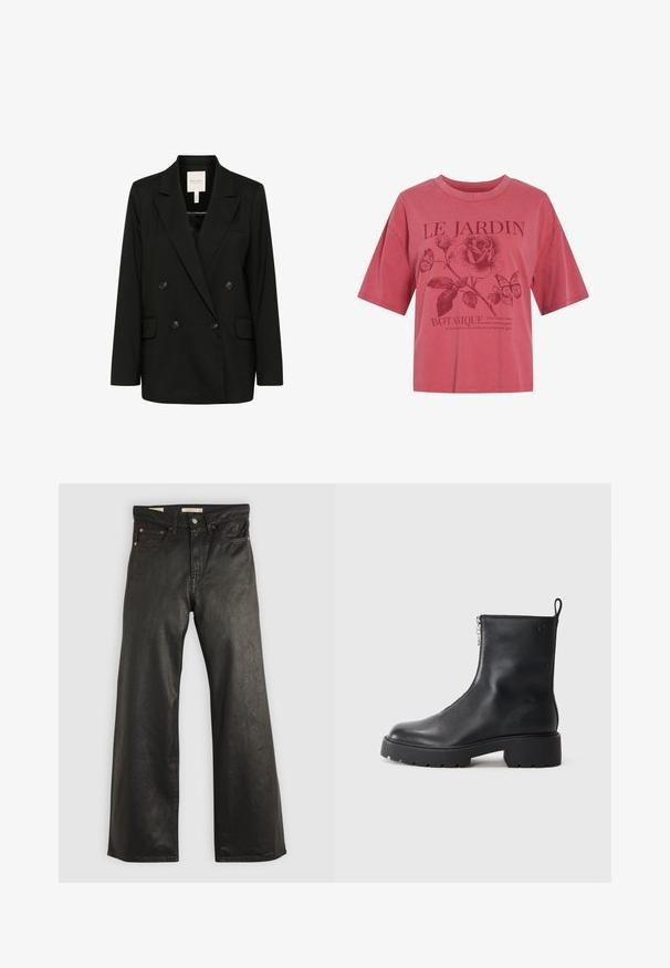 Sort dobbeltklaps blazer med spidse revers, to forlommer og knapdetaljer. Fremstillet af glat stof med en strømlinet silhuet.; Pink kortærmet skjorte med rund hals, med en rose, to sommerfugle og teksten "LE JARDIN BOTANIQUE" samt en mindre sætning nedenunder.; Sorte denim bukser med brede ben og en glat tekstur, der har fem lommer og detaljer i kobberfarvet metal. Klassisk knaplukning.; Sorte læder ankelstøvler med lynlås i siden, rund tå og en chunky, tekstureret sål. Diskret branding på siden.