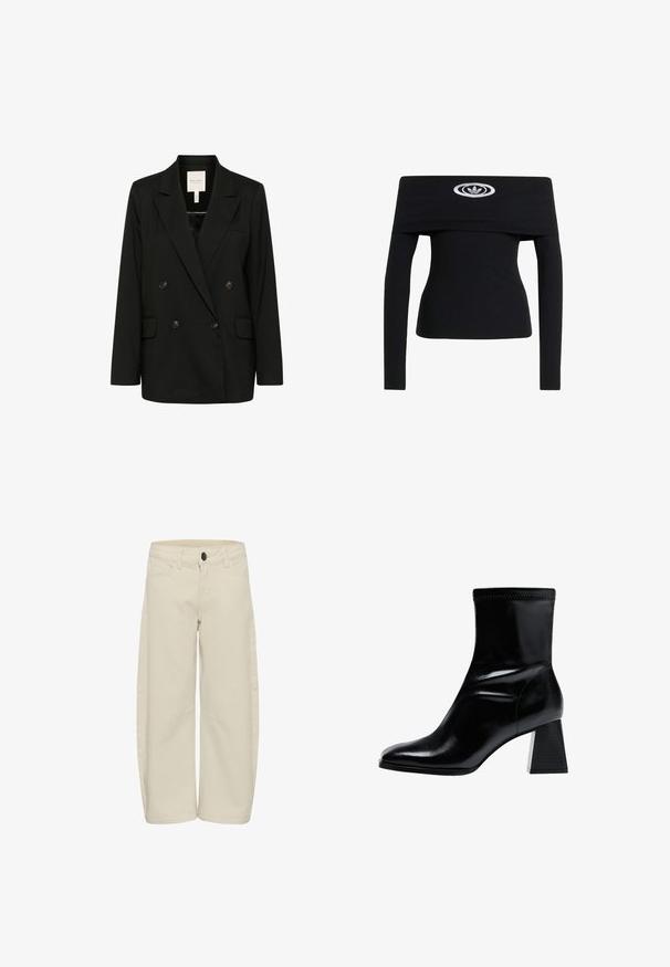 Sort dobbeltklaps blazer med spidse revers, to forlommer og knapdetaljer. Fremstillet af glat stof med en strømlinet silhuet.; Sort off-shoulder top i ribbet materiale, med lange ærmer og et centralt logo. Glat tekstur med en tætsiddende silhuet.; Beige bukser med vide ben lavet af bomuld, med knap- og lynlåslukning, forlommer og synlige sømdetaljer.; Sort ankelstøvle lavet af glat læder. Har en blokhælm med et struktureret, ribbet mønster og et slankt, spidst tådesign.