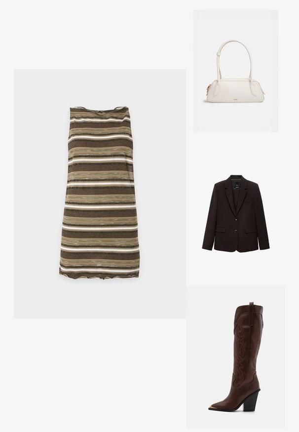 Mørkebrun blazer lavet af tekstureret stof, med en spids revers, to forlommer og to knapper til lukning. Foret indvendigt.; Ærmeløs knælængde kjole med vandrette striber i nuancer af beige, brun, sort og hvid på en flad lys baggrund.; RAID RIMSKY - Højhælede støvler - brown; Kremfarvet rektangulær håndtaske med afrundede kanter, lange hanke, en guldlås og et lille guld mærkelogo på fronten.