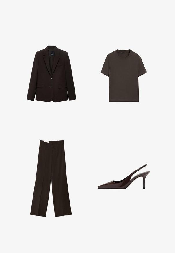 Donkerbruine blazer van textuurstof, met een gelapte revers, twee voorklauwen en twee knopen voor sluiting. Gevoerde binnenkant.; Donkerbruin T-shirt met korte mouwen, gemaakt van katoen. Heeft een ronde halslijn en een ontspannen pasvorm, zonder zichtbare patronen of accenten.; Zwarte wijde broek met knopen aan de voorkant en riemlussen, plat gelegd op een witte achtergrond.; Bruine gepolijste leren slingback hakken met een spitse neus, slanke hak en verstelbare gespband. Gladde textuur en glanzende afwerking.
