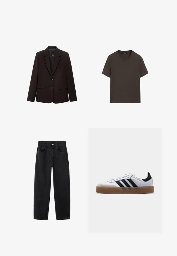 Blazer marron foncé en tissu texturé, avec un revers cranté, deux poches avant et deux boutons de fermeture. Doublé à l'intérieur.; T-shirt à manches courtes marron foncé en coton. Il possède un col rond et une coupe décontractée, sans motifs ni accents visibles.; Jean en denim noir à coupe droite, doté de cinq poches, d'un bouton à l'avant et d'un design classique. Texture douce avec une finition soignée.; Baskets en cuir blanc avec des rayures noires, semelle extérieure en caoutchouc beige, bout rond, fermeture lacée et embout en suède gris doux.