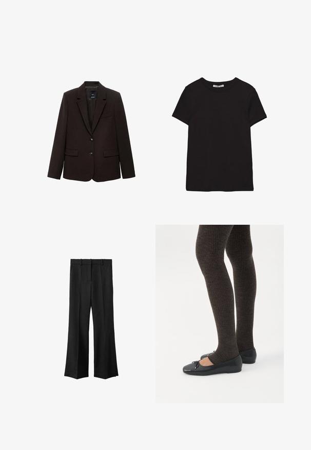 Donkerbruine blazer van textuurstof, met een gelapte revers, twee voorklauwen en twee knopen voor sluiting. Gevoerde binnenkant.; Zwart katoenen T-shirt met korte mouwen, ronde hals, standaard pasvorm en zichtbaar binnenlabel in de nek.; Zwarte wijde broek met een platte voorkant, riemlussen en twee zijzakken. Gemaakt van een gestructureerde stof, met een getailleerde pasvorm.; Benen met donkere geribbelde leggings gecombineerd met zwarte ballerina's met kleine strikdetails op een witte achtergrond.