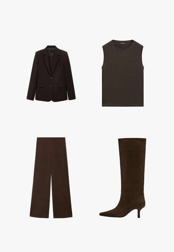 Blazer marron foncé en tissu texturé, avec un revers cranté, deux poches avant et deux boutons de fermeture. Doublé à l'intérieur.; Haut sans manches marron foncé à col rond avec une étiquette à l'intérieur du col indiquant Massimo Dutti, présenté sur fond blanc.; Pantalons évasés fabriqués à partir d'un tissu marron foncé et lisse. Dotés d'une taille haute et d'un design minimaliste sans embellissements.; Botte haute jusqu’au genou en daim brun foncé avec bout pointu et talon fin et bas.