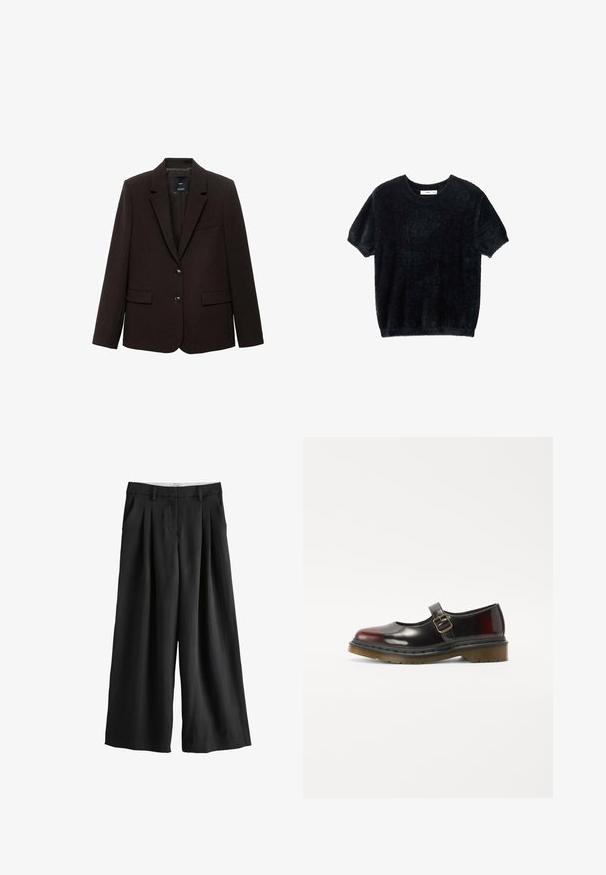 Mørkebrun blazer lavet af tekstureret stof, med en spids revers, to forlommer og to knapper til lukning. Foret indvendigt.; Sort kortermet sweater lavet af blødt, fuzzystof. Har en rund halsudskæring og en afslappet pasform med en let cropped kant.; Sorte bukser med vide ben med plisseringer ved taljen, bæltestropper, sidelommer og en lige kant.; Sorte laklæder Mary Jane sko med rund tå, enkelt spænde og en tekstureret gummisål med lav hæl.