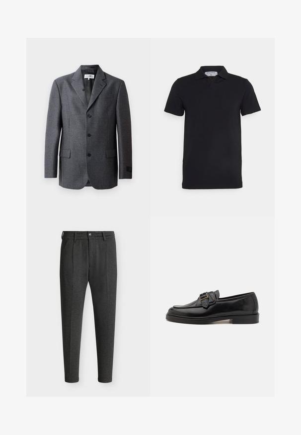 Grå blazer lavet af struktureret stof, med reverskrave, tre frontknapper, to sidelommer og en enkelt brystlomme.; Sort kortærmet polo-shirt med klassisk krave, lavet af glat stof. Har et mærke med brandnavnet 'Filippa K' ved halsudskæringen.; Mørkegrå skræddersyede bukser med knaplukning, bæltestropper, forlommer og et slankt design på en hvid baggrund.; Sorte læder loafers med rund tå og en dekorativ spændeaccent. Flad, solid hæl og glat tekstur hele vejen igennem.