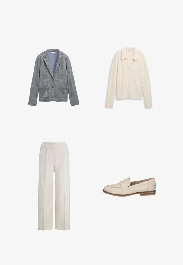Blazer à carreaux gris avec un col cranté, deux poches avant, fermeture à un bouton et motif de tissu texturé.; Polo à manches longues en tricot couleur crème, doté d'un col en V et d'une texture douce avec une coupe décontractée. Détails au niveau du col et des poignets inclus.; Pantalon large beige clair en tissu texturé. Doté d'un bouton à l'avant, de plis et d'une taille haute.; Mocassins en cuir beige clair avec un petit talon, présentant un accent cousu et une finition lisse. Conçus avec une forme classique à enfiler.