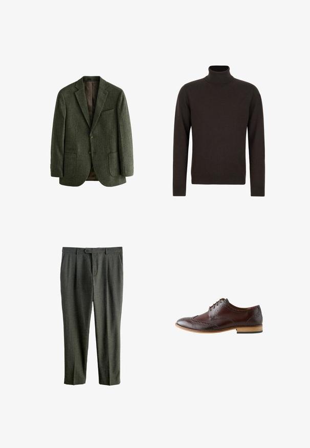 Blazer en laine vert en chevrons avec deux poches avant, fermeture à un bouton et revers crantés ; doublé d'un tissu marron à motifs.; Pull à col roulé marron foncé à manches longues avec poignets et ourlet côtelés, en tissu tricoté doux.; Pantalon en laine gris avec une finition texturée, comportant une fermeture à bouton, des plis à l'avant et une coupe droite.; Chaussure habillée brogue en cuir brun foncé avec détails à bout ailé, laçage fermé et semelle en bois clair, vue de côté extérieur.
