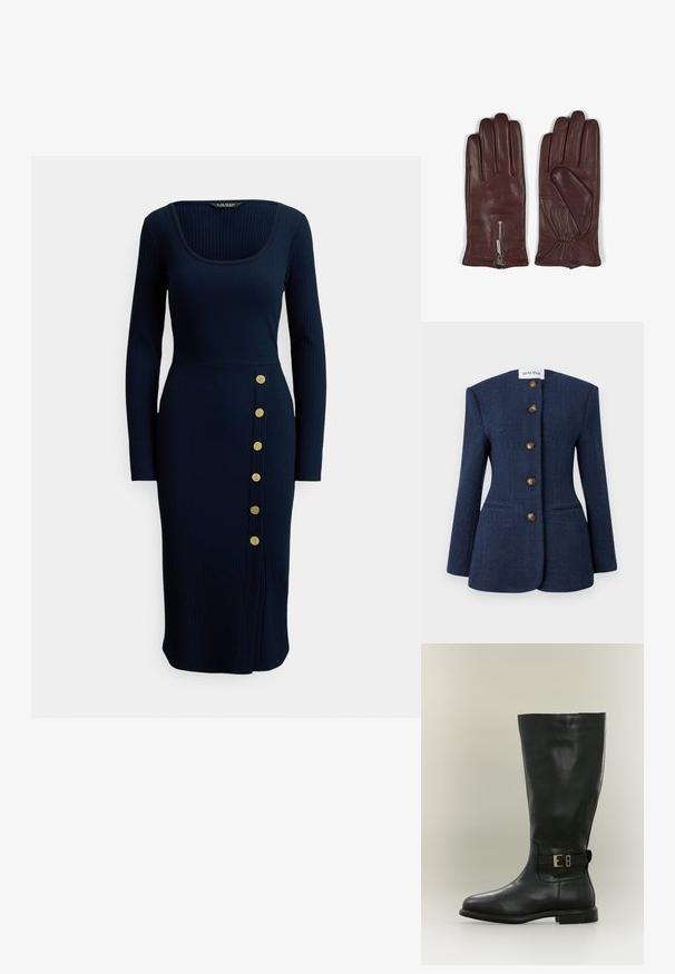 Marineblå tweed blazer med et struktureret design, fem brune knapper og to forlommer. Har en høj, flad krave og lange ærmer.; Marineblå ribstrikket midi kjole med firkantet udskæring og lange ærmer, med en sideknapdetalje med seks guldknapper.; Høj sort læderstøvle med lav hæl og en sidestrope med en lille guldbeklædning, vist på en neutral baggrund.; Brune læderhandsker med en glat tekstur, fem-finger design og en lynlåsdetalje ved håndleddet med samlet stofdetalje.