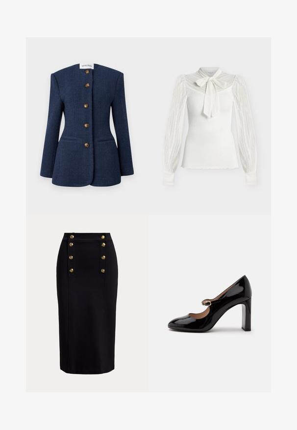 Blazer en tweed bleu marine avec un design structuré, cinq boutons marron et deux poches avant. Il dispose d'un col haut et plat ainsi que de longues manches.; Haut blanc à manches longues côtelé avec manches en dentelle, empiècement en dentelle et un grand noeud en dentelle noué au cou.; Jupe crayon noire longueur genou avec panneau vertical devant et deux rangées de six boutons décoratifs dorés.; Chaussure Mary Jane à talon haut en cuir verni noir avec un bout arrondi et une petite sangle à boucle sur le coup de pied sur fond blanc.