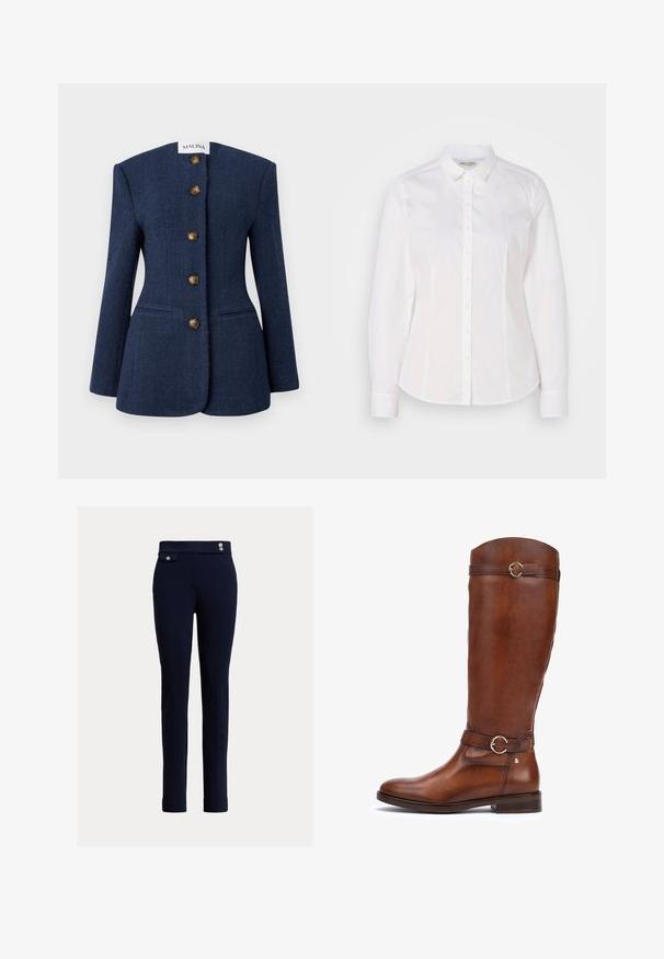 Marineblå tweed blazer med et struktureret design, fem brune knapper og to forlommer. Har en høj, flad krave og lange ærmer.; Hvid skjorte med knaplukning lavet af glat bomuld, med klassisk krave, lange ærmer og et diskret logo på brystet. Har frontknaplukning.; Marineblå slim-fit bukser med høj talje, frontlomme med klap og knap, samt to dekorative knapper på taljebåndet.; Brune læderstøvler til knæene med en glat finish, en rundt tå, et dekorativt bælte med en cirkulær spænde, og en lav stablet hæl.