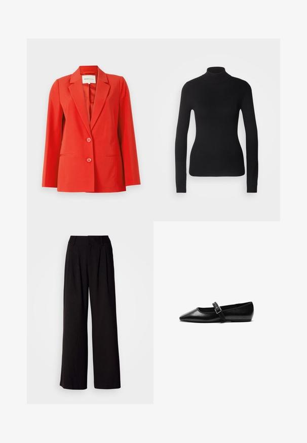 Rode blazer met een op maat gemaakte pasvorm, inslagkraag, twee voorzakken en twee knopen. Gladde stof met een gestructureerde silhouet.; Zwarte coltrui gemaakt van lichte brei stof. Heeft lange mouwen, een aansluitend design en een zachte ribbeltextuur.; Zwarte wijde broek van soepel stof, met plooien aan de voorkant, een aansluitende tailleband en zonder zichtbare patronen of accenten.; Zwarte platte schoen van leer met een spitse neus, verstelbare band met een metalen gesp, een gladde textuur en een minimalistisch ontwerp.