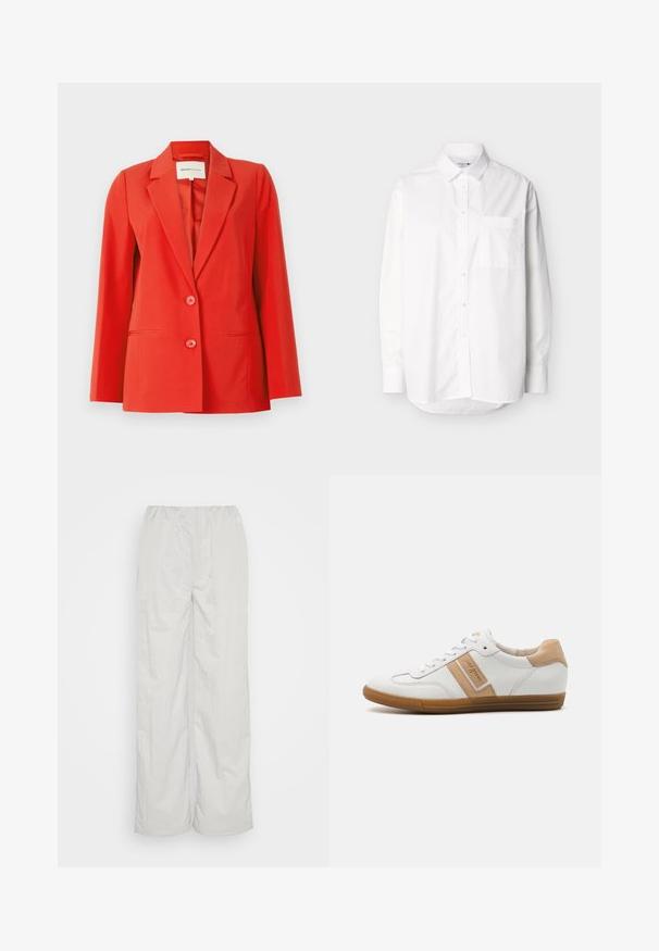 Blazer rouge avec une coupe ajustée, col cranté, deux poches avant et deux boutons. Tissu lisse avec une silhouette structurée.; Chemise blanche à manches longues avec boutons, poche avant et col classique, présentée sur un fond clair uni.; Pantalon gris clair avec une taille élastique, une coupe large et une texture lisse. Pas de motifs visibles ni de détails en métal.; Baskets blanches avec une tige en cuir texturé, des accents beiges et une semelle en caoutchouc. Présentent un bout rond, des lacets plats et une étiquette logo sur le côté.