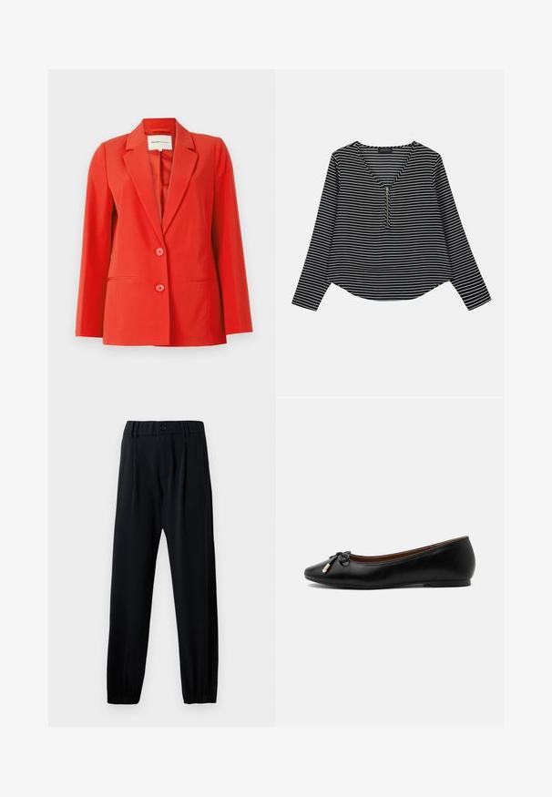 Blazer rojo con un ajuste entallado, cuello con muesca, dos bolsillos frontales y dos botones. Tela suave con una silueta estructurada.; Top de manga larga a rayas blanco y negro con escote en V y cremallera en el centro. La tela parece suave, con un ajuste relajado y ligeramente corto.; Pantalones negros con cintura elástica y cierre de botón, diseño de pierna recta y puños fruncidos. Fabricados con una tela suave y ligera.; Zapato bailarín plano de cuero negro con punta redondeada, pequeño lazo con extremos dorados y un tacón bajo y plano sobre fondo gris.