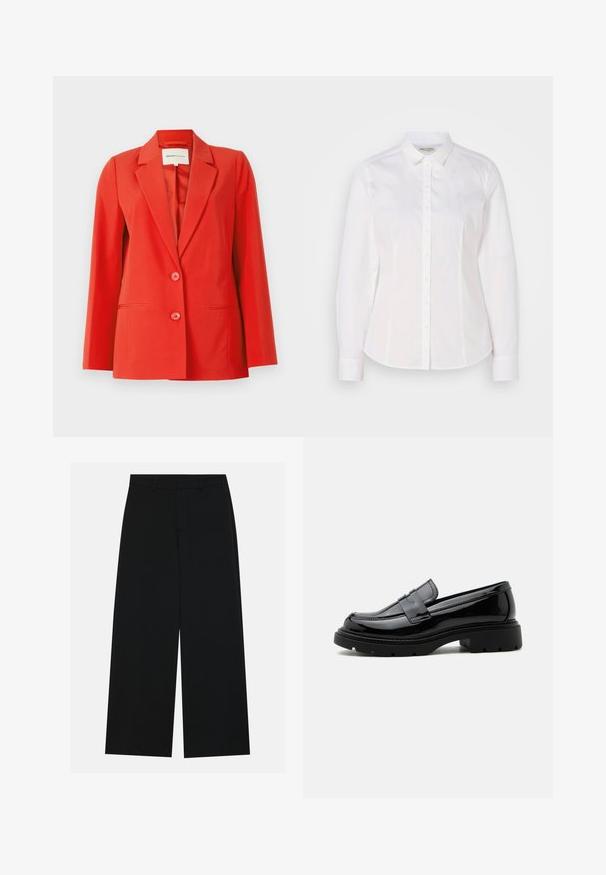 Rode blazer met een op maat gemaakte pasvorm, inslagkraag, twee voorzakken en twee knopen. Gladde stof met een gestructureerde silhouet.; Witte button-down shirt van soepel katoen met een klassieke kraag, lange mouwen en een subtiel logo op de borst. Voorzien van een knoopsluiting aan de voorkant.; Zwart, wijde broek van een gladde stof. Heeft een plat tailleband met riemlussen en geen zichtbare zakken. Eenvoudig ontwerp.; Zwarte glanzende leren loafer met grove profielzool en pennyriem, zijaanzicht op een effen witte achtergrond.