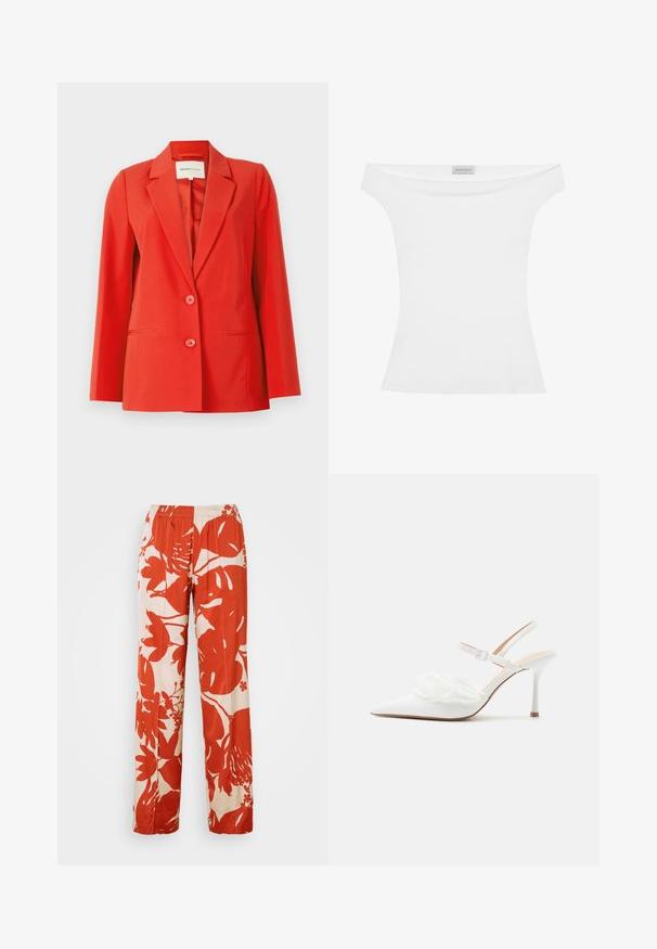 Rote Blazer mit taillierter Passform, Reverskragen, zwei vorderen Taschen und zwei Knöpfen. Glattes Material mit strukturiertem Schnitt.; Schulterfreies weißes Oberteil aus glattem Stoff, taillierte Silhouette und runder Ausschnitt. Das Etikett oben in der Mitte trägt die Aufschrift "ANNA FIELD."; Hose im weit geschnittenen Stil mit rotem und cremefarbenem Blumenmuster und elastischem Bund. Der Stoff hat eine glatte Textur und zeigt große Blatt- und Blütendesigns.; Weißer High Heel mit spitz zulaufender Spitze, Slingback und Knöchelriemen sowie dekorativer Perlen- und Spitzenverzierung auf der Vorderseite.