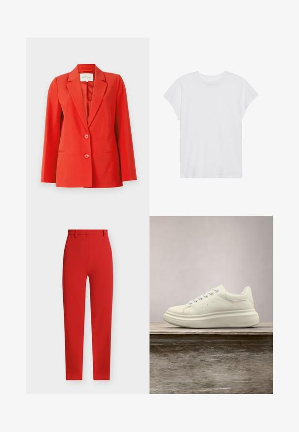 Rode blazer met een op maat gemaakte pasvorm, inslagkraag, twee voorzakken en twee knopen. Gladde stof met een gestructureerde silhouet.; Witte t-shirt met korte mouwen, ronde hals, relaxte pasvorm, gemaakt van zacht katoen. Glad textuur, geen patronen of logo's.; Rode op maat gemaakte broek met een gladde textuur, rechte snit, riemlussen en voorzakken. Heeft een strak, minimalistisch ontwerp.; Witte leren sneaker met ronde neus, gladde textuur en contrasterende veters. Heeft ventilatiegaten en een dikke rubberen zool voor comfort.