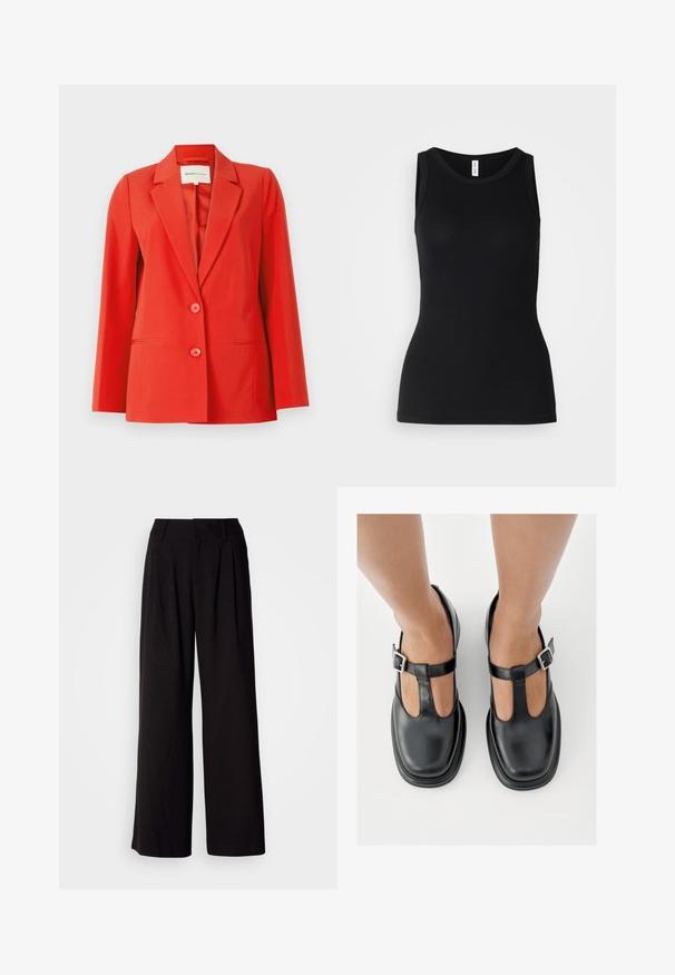 Blazer rojo con un ajuste entallado, cuello con muesca, dos bolsillos frontales y dos botones. Tela suave con una silueta estructurada.; Top sin mangas negro hecho de tela acanalada, con un escote redondo y un diseño ajustado, con una textura suave y sin patrones.; Pantalones de pierna ancha negros, confeccionados en una tela suave, con pliegues en la parte frontal, una cinturilla ajustada y sin patrones o acentos visibles.; Zapatos de cuero negro con diseño de correa en T, punta cerrada y detalles de hebilla plateada. Textura lisa con punta redondeada y suela plana.