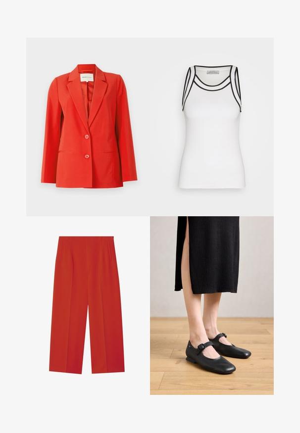 Blazer rojo con un ajuste entallado, cuello con muesca, dos bolsillos frontales y dos botones. Tela suave con una silueta estructurada.; Top de tirantes blanco hecho de tela acanalada, con detalles en negro a lo largo del escote y los ojales de los brazos, con una silueta ajustada.; Pantalones de pierna ancha rojos con una textura suave, que cuentan con bolsillos laterales y un ajuste entallado. Líneas limpias y sin cierres visibles.; Bailarinas negras de charol con un pequeño tacón, que presentan una punta redondeada y un detalle de hebilla lateral. El diseño texturizado realza su atractivo visual.