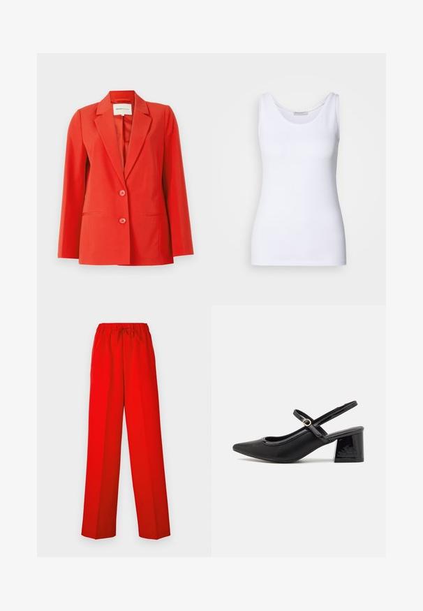 Rode blazer met een op maat gemaakte pasvorm, inslagkraag, twee voorzakken en twee knopen. Gladde stof met een gestructureerde silhouet.; Witte top met een gladde, rekbare stof. Beschikt over een ronde halslijn en brede schouderbanden. De zoom zit net onder de taille. Geen patronen of accenten.; Rode broek met een wijde pijpdesign, gemaakt van gladde stof. Voorzien van een elastische tailleband en trekkoorddetail voor een verstelbare pasvorm.; Zwarte gepolijste leren slingback hakken met een spitse neus, een ronde uitsnede en een blokhak. Voorzien van een gouden gespaccent.