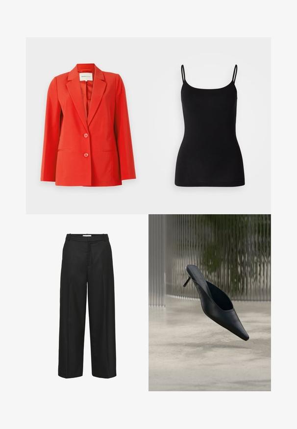 Rød blazer med en skræddersyet pasform, klippet krave, to forlommer og to knapper. Glat stof med en struktureret silhuet.; Sort camisole-top med tynde justerbare stropper, glat elastisk stof og en tæt silhuet. Ingen mønstre eller pynt.; Sorte bukser med vide ben og en glat tekstur, der har en flad front, bæltestropper og ingen synlige pynt. Skræddersyet til en løs pasform.; Sort mule sko med spids tå og tynd høj hæl, der svæver over en glat beton gulv med en sløret baggrund med lodrette striber.