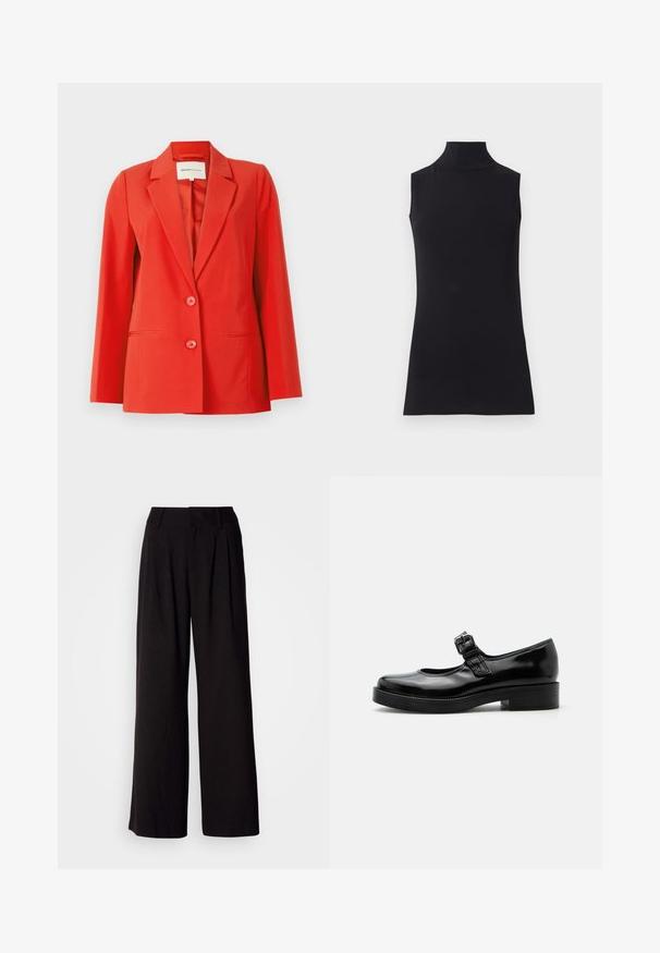 Rød blazer med en skræddersyet pasform, klippet krave, to forlommer og to knapper. Glat stof med en struktureret silhuet.; Sort ærmeløs turtleneck top, lavet af glat stof. Figurtilpasset design med høj hals og lige kant, minimalistisk og ensfarvet.; Sorte bukser med vid benvidde lavet af glat stof, med folder foran, en tætsiddende talje og uden synlige mønstre eller detaljer.; Sort laklæder Mary Jane-sko med rund tå, lav blokhæl og justerbar spænde-rem over vristen.