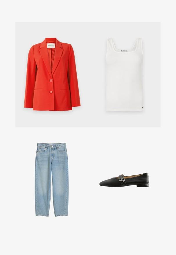 Blazer rouge avec une coupe ajustée, col cranté, deux poches avant et deux boutons. Tissu lisse avec une silhouette structurée.; Débardeur blanc à côtes avec des bretelles larges et un décolleté arrondi. Présente des coutures discrètes le long des bords et un accent de marque en bas.; Jean bleu clair droit avec fermeture par bouton et zip à l'avant, passants de ceinture et cinq poches.; Chaussure plate en cuir noir avec un bout pointu, dotée de deux lanières parallèles ornées de boucles argentées. Talon plat, texture lisse.