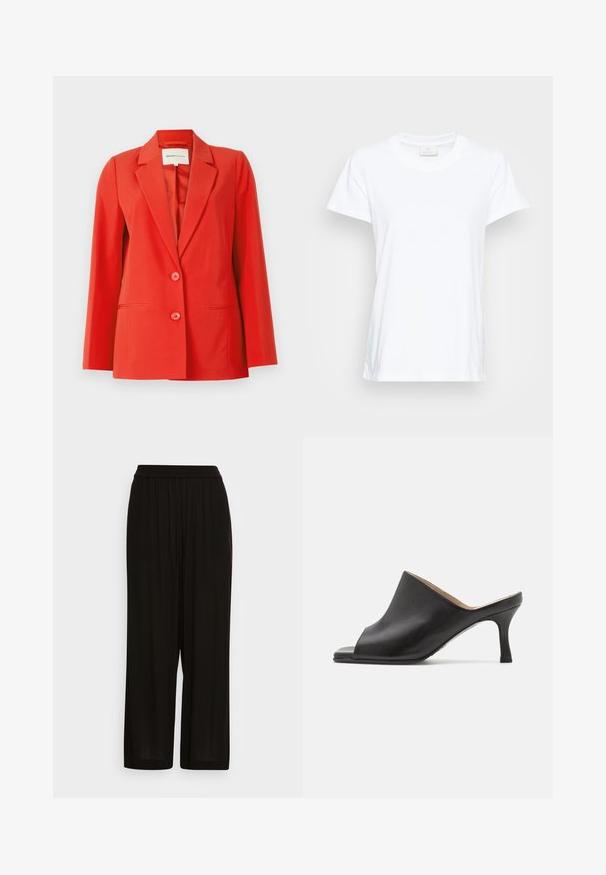 Blazer rojo con un ajuste entallado, cuello con muesca, dos bolsillos frontales y dos botones. Tela suave con una silueta estructurada.; Camiseta blanca de manga corta hecha de algodón suave. Presenta un escote redondo y un corte ligeramente holgado con aberturas laterales para mayor comodidad.; Pantalones anchos negros de tejido suave y ligero. Cuentan con una cinturilla elástica y pliegues sutiles, que ofrecen un ajuste relajado.; Selected ASHLEY - Mules de tacón - black