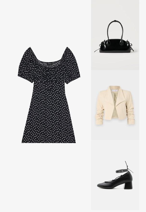 Beige verkürzte Jacke mit übergroßem Kragen, gerafften Ärmeln und einer glatten Textur. Futter in kontrastierendem Hellgrün.; Schwarzes kurzes Kleid mit weißen unregelmäßigen Polka-Dots, Puffärmel, quadratischem Ausschnitt und Frontbindedetail.; Schwarzer Lederschuh mit mittlerem Absatz, spitzer Schuhspitze, gekreuzten Riemen und Wickelverschluss um den Knöchel auf weißem Hintergrund.; Kleine schwarze glänzende Handtasche mit zwei langen Griffen und seitlichen Kordelzug-Details vor einfachem hellem Hintergrund.