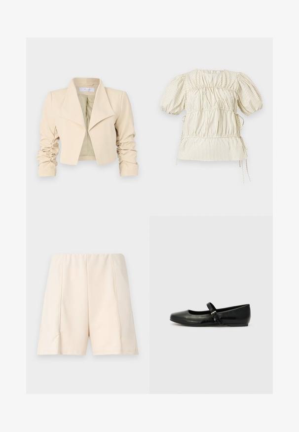 Veste cropped beige avec un col surdimensionné, des manches froncées et une texture lisse. La doublure intérieure est d'un vert clair contrastant.; Blouse crème avec fines rayures verticales noires, manches courtes bouffantes, détails froncés sur le tissu et liens sur les côtés.; Shorts beige clair avec une texture lisse, taille élastique et coutures latérales. Design simple sans motifs ni accents visibles.; Ballerines en cuir noir avec un bout arrondi, une semelle plate et une fine sangle ajustable sur le cou-de-pied avec une boucle en métal.