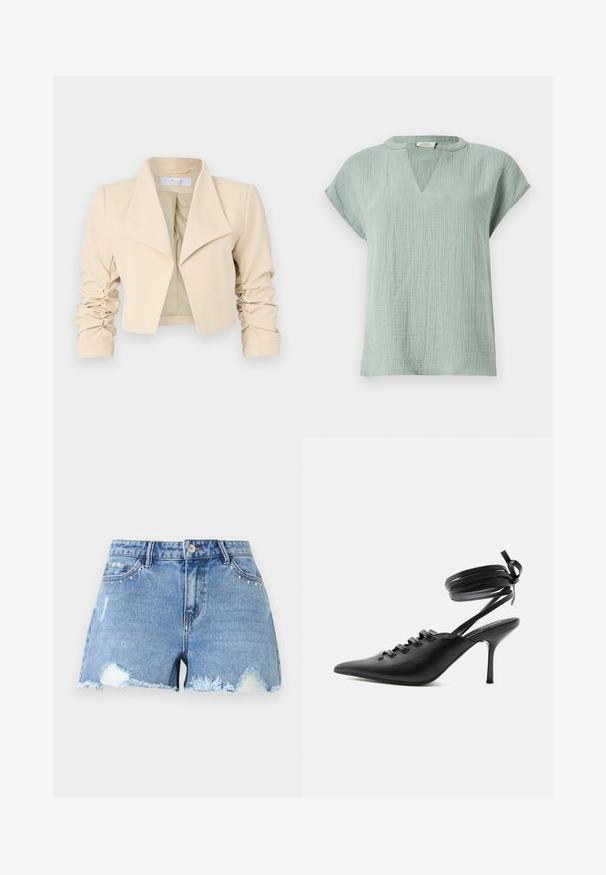 Chaqueta cropped beige con cuello extragrande, mangas fruncidas y una textura suave. El forro interior es de un verde claro contrastante.; Blusa de manga corta texturizada de color verde claro con cuello en forma de V y corte holgado sobre un fondo liso.; Pantalones cortos de mezclilla azul con dobladillos deshilachados, parches desgastados, tachuelas metálicas cerca de los bolsillos delanteros y cierre de botón en la cintura.; Zapato de tacón alto negro con punta puntiaguda, con cordones en la parte delantera y correas que rodean el tobillo atadas con un lazo, mostrado de lado sobre un fondo blanco.