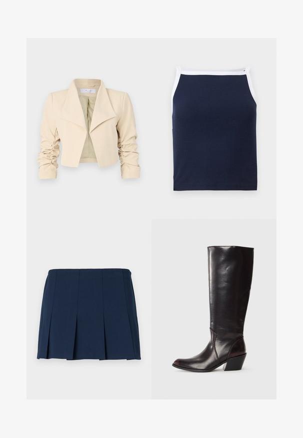 Beige verkürzte Jacke mit übergroßem Kragen, gerafften Ärmeln und einer glatten Textur. Futter in kontrastierendem Hellgrün.; Marineblaues Rippunterhemd mit weißen Akzenten, mit rundem Halsausschnitt und schmalen Trägern. Hergestellt aus einer weichen Baumwollmischung für höchsten Tragekomfort.; Marineblauer, gefalteter Minirock mit geradem Bund, aus glattem Stoff. Verfügt über vertikale Nähte entlang der Falten.; Knöchelhigh, dunkelbraune Lederstiefel mit spitzem Zeh, eckigem Blockabsatz und glatter, glänzender Textur. Verfügt über ein klares Design und Steppnähte.