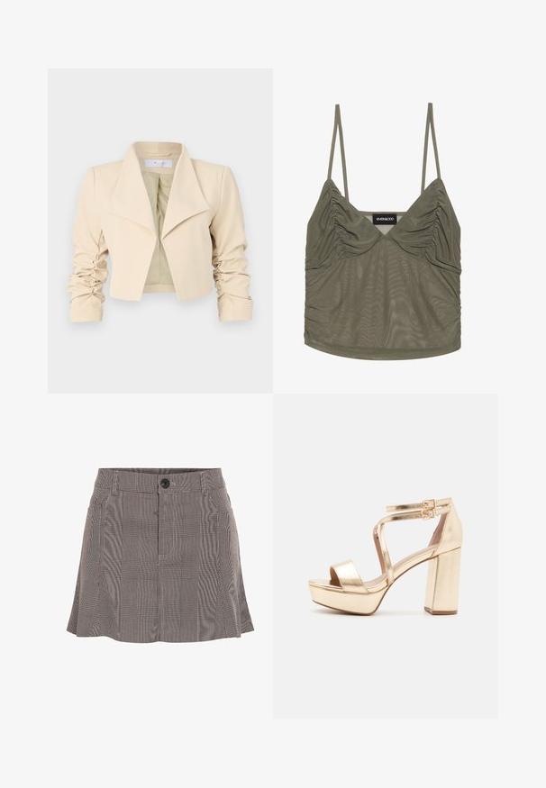 Veste cropped beige avec un col surdimensionné, des manches froncées et une texture lisse. La doublure intérieure est d'un vert clair contrastant.; Top en maille vert olive avec bretelles spaghetti ajustables, présentant des détails froncés au niveau de la poitrine et des côtés, une texture lisse et un ourlet arrondi.; Jupe à carreaux noir et blanc, fabriquée en tissu léger, dotée d'une ceinture avec un bouton et d'un design plissé pour plus de détails.; Sandales plateformes métalliques dorées avec un talon bloc épais, bout ouvert et des sangles croisées à la cheville avec des accents de boucles. Texture lisse.