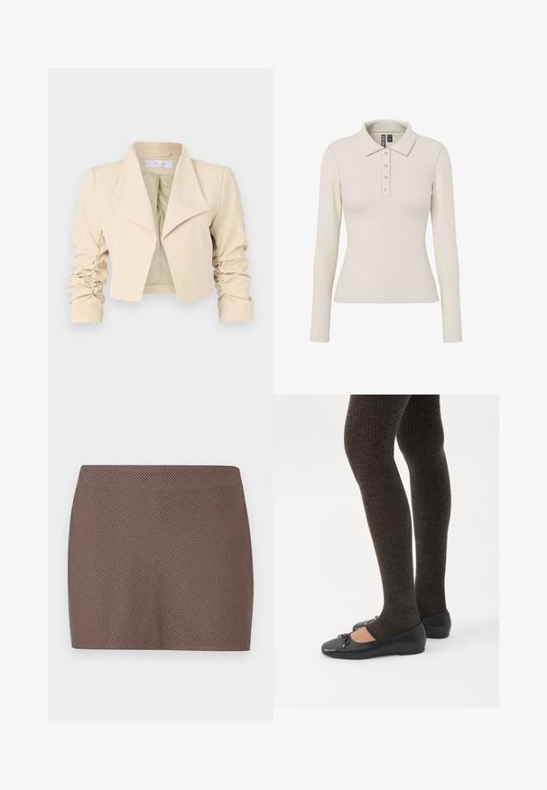 Veste cropped beige avec un col surdimensionné, des manches froncées et une texture lisse. La doublure intérieure est d'un vert clair contrastant.; Polo à manches longues en tissu côtelé blanc cassé avec un col et cinq boutons métalliques sur le devant. Design ajusté.; Mini-jupe marron arborant un motif tissé texturé, avec une coupe droite et des lignes épurées, adaptée pour le quotidien ou les occasions formelles.; Jambes portant des leggings côtelés foncés associés à des ballerines noires avec de petits détails en nœud sur fond blanc.