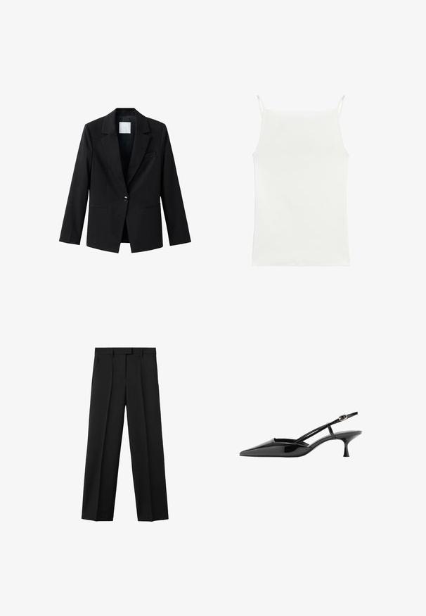 Schwarzer Blazer mit kontrastierendem Revers, Ein-Knopf-Verschluss und zwei vorderen Taschen. Hergestellt aus glattem Stoff, mit einer taillierten Passform.; Weißes ärmelloses Tanktop mit dünnen Schulterträgern und geradem Ausschnitt, flach auf weißem Hintergrund gezeigt.; Schwarze weit geschnittene Hosen mit hoher Taille, ausgestattet mit zwei vorderen Falten, Gürtelschlaufen und einer glatten, strukturierten Stoffoberfläche.; Schwarzer Lackleder-Pumps mit spitz zulaufender Spitze, Slingback, flachem Absatz, dünnem Knöchelriemen und goldener Schnalle.
