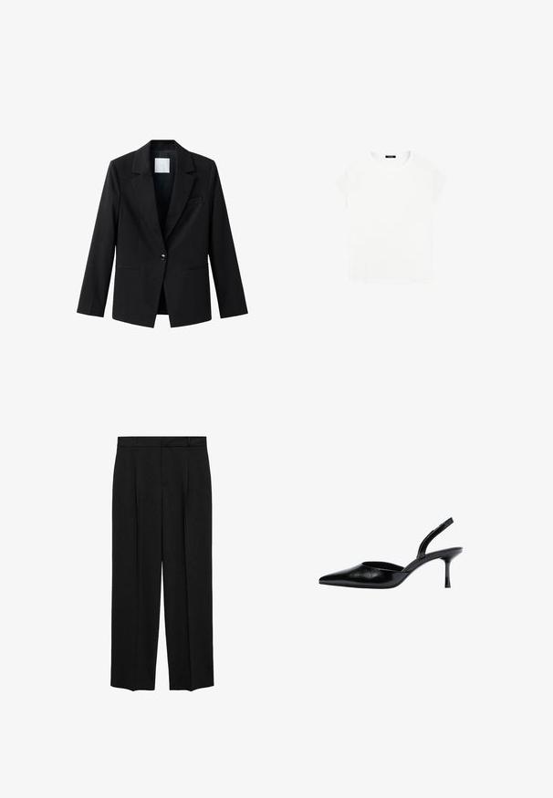 Sort blazer med hakkrave, enkelt knaplukning og to forlommer. Fremstillet af glat stof og med skræddersyet pasform.; Hvid bomulds t-shirt med rund halsudskæring og korte ærmer. Enkel design, ingen mønstre eller accenter. Blød, glat tekstur.; Sorte skræddersyede bukser med høj talje, plisseret design, lige benform og glat stofstruktur. Har bælteforskrifter og sidelommer.; Sort laklæder slingback pumps med spids tå og slank mellemhøj hæl, vist fra siden mod en hvid baggrund.