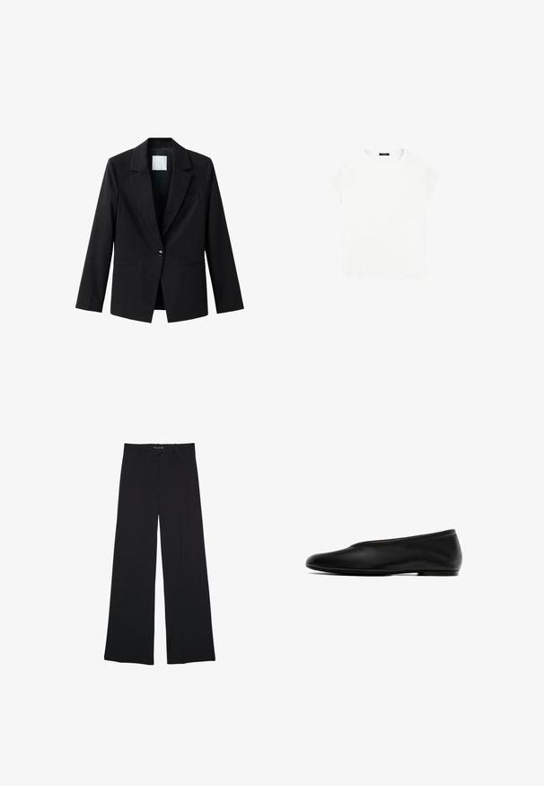Schwarzer Blazer mit kontrastierendem Revers, Ein-Knopf-Verschluss und zwei vorderen Taschen. Hergestellt aus glattem Stoff, mit einer taillierten Passform.; Weißes Baumwoll-T-Shirt mit rundem Ausschnitt und kurzen Ärmeln. Einfaches Design, ohne Muster oder Akzente. Weiche, glatte Textur.; Schwarze Hosen mit weitem Bein, Gürtelschlaufen, vorderer Knopfleiste und Reißverschluss, flach auf einem weißen Hintergrund liegend.; Schwarzer flacher Schuh mit glattem Leder außen, abgerundeter Zehenpartie, niedrigem Profil, minimaler Verzierung und flexiblem Sohlenmaterial.