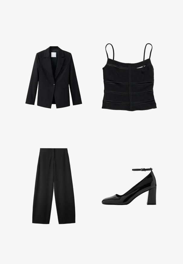 Sort blazer med hakkrave, enkelt knaplukning og to forlommer. Fremstillet af glat stof og med skræddersyet pasform.; Sort tætsiddende crop top med tynde skulderstropper og vandrette sømdetaljer på stoffet.; Sorte bukser med vide ben og høj talje, foran lynlås og ren, enkel design på hvid baggrund.; Sort laklædersko med høj hæl, firkantet tå, ankelrem og bred blokhæl, med en glansfuld finish og glat tekstur.