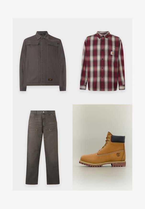 Veste décontractée gris foncé à manches longues, col, deux poches poitrine à rabat et étiquette de marque près de l'ourlet sur fond blanc.; Chemise en flanelle à carreaux rouge et gris avec un col boutonné, des manches longues et une poche poitrine arborant une étiquette logo. Texture tissée.; Pantalon de travail marron à jambes droites avec genouillères renforcées, poches avant, passants pour ceinture et fermeture par bouton.; Bottine en cuir marron avec col noir, lacets jaunes et semelle beige. Présente un logo et des détails de couture blanche. Semelle extérieure à traction robuste.