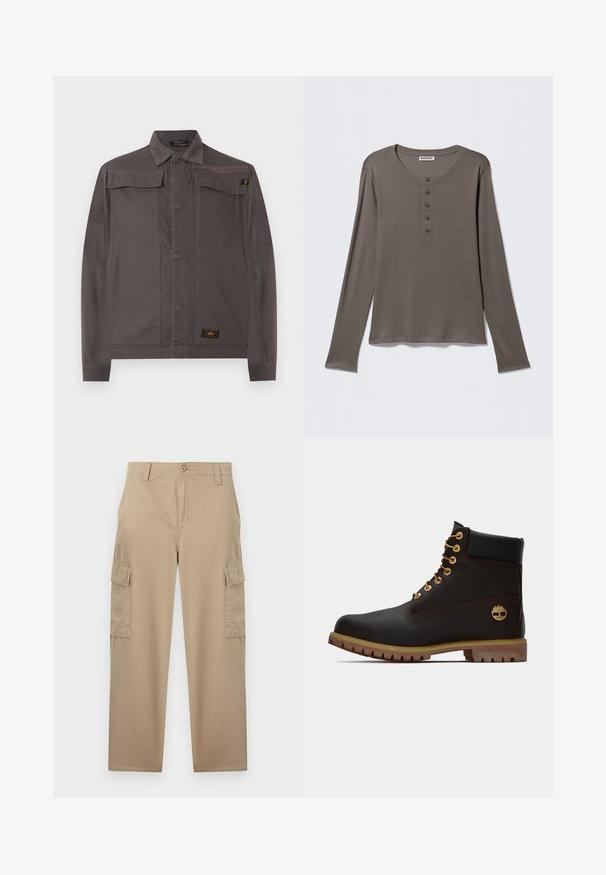 Veste décontractée gris foncé à manches longues, col, deux poches poitrine à rabat et étiquette de marque près de l'ourlet sur fond blanc.; Chemise henley grise à manches longues avec cinq boutons et encolure ronde, présentée sur un fond blanc uni.; Pantalon cargo beige à jambes droites avec fermeture à boutons, passants pour ceinture, poches avant et poches à rabat sur les deux cuisses.; Bottine noire en cuir avec œillets dorés, accents marron et semelle en caoutchouc. Comprend un col rembourré et un logo estampé sur le côté.