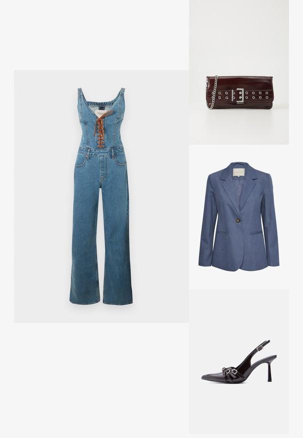 Blauer Jeansblazer mit eingelegten Revers, einem einzelnen Knopfverschluss und zwei vorderen Taschen. Glatte Textur und taillierte Passform.; Jeans-Overall mit tailliertem Oberteil und weitem Bein, mit rundem Ausschnitt und brauner Schnürung vorne. Hellblaue Farbe und texturierter Stoff.; Schwarzer Slingback-Hochschuh aus Lackleder mit spitzer Zehenpartie und drei dekorativen Schnallenriemen oben.; Burgunderfarbene Kunstleder-Clutch mit einem silbernen Kettenriemen, ausgestattet mit einem Schnallendesign und metallischen Ösen vorne für zusätzliche Details.