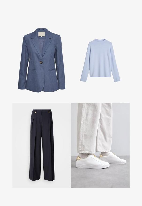 Blauer Jeansblazer mit eingelegten Revers, einem einzelnen Knopfverschluss und zwei vorderen Taschen. Glatte Textur und taillierte Passform.; Hellblauer Langarm-Pullover mit Rollkragen aus weichem Stoff. Einfaches Design mit lockerer Passform und minimalen Nahtdetails.; Weit geschnittene Hosen aus dunklem Stoff, mit zwei vorderen Falten, hoher Taille und goldfarbenen Knopfakzenten vorne.; Weiße Ledersneaker mit goldenen Akzenten und Reißverschluss. Texturiertes Obermaterial, flache Sohle und minimalistisches Design. Modell trägt helle Hosen.